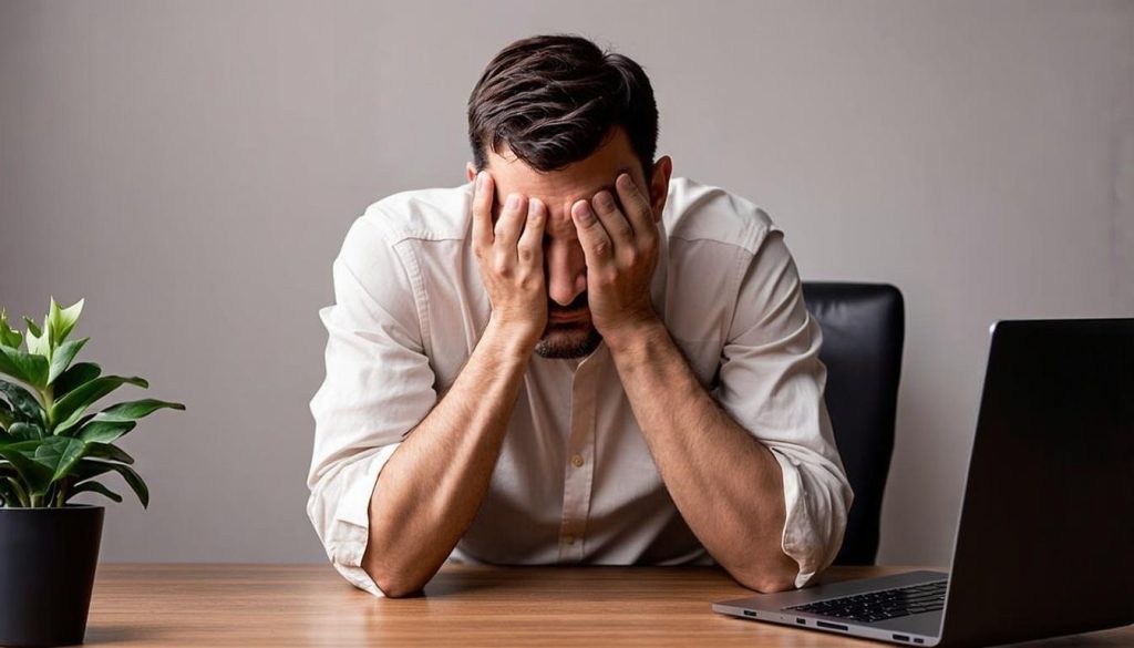 A man with his head in hands who has realised he's a victim of bank fraud