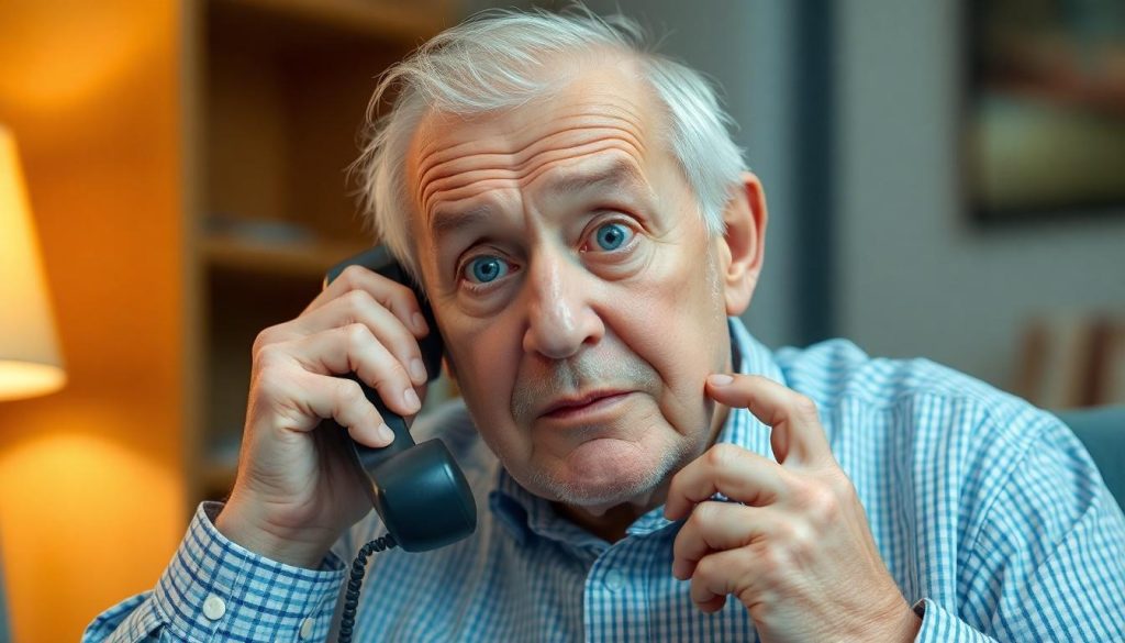 A man on the telephone who look confused as he doesn't know if he's being scammed