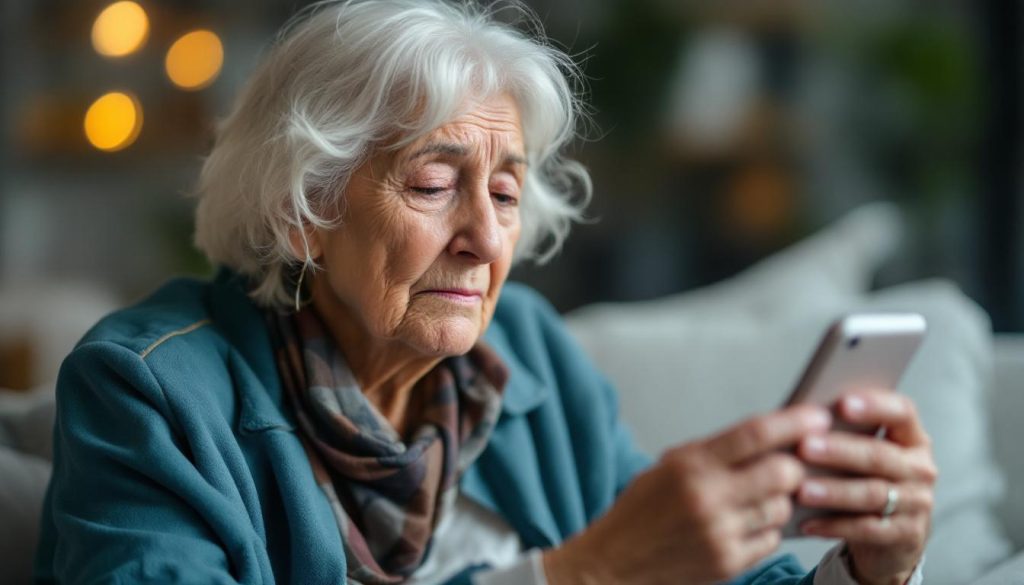 An old woman who looks upset as she checks her bank balance on here mobile phone.