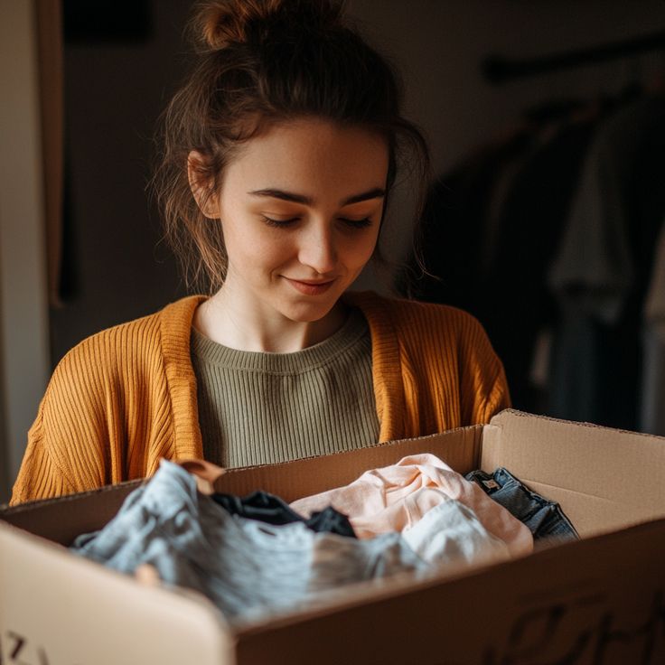 a woman looking at a box of clothes bought on vinted