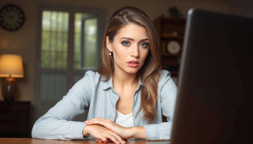 A woman looking worryingly at her computer in case shes been targetted in a Charter Savings Bank Fraud