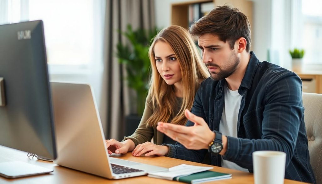 A couple using a computer to check if they've been involved in a Clydesdale Bank fraud and looking concerned.