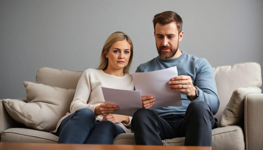 A couple looking at paperwork with concerned faces worried that they've been involved in Danske Bank fraud