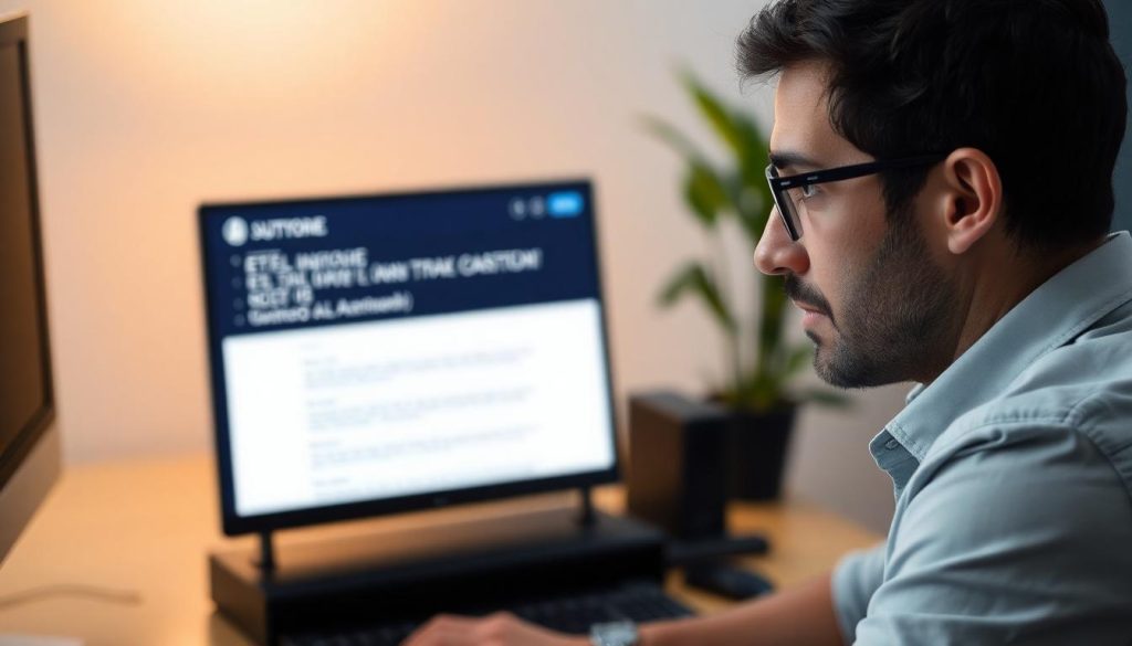 A man reading a phishing email on his computer which could lead to a Deutsche Bank fraud