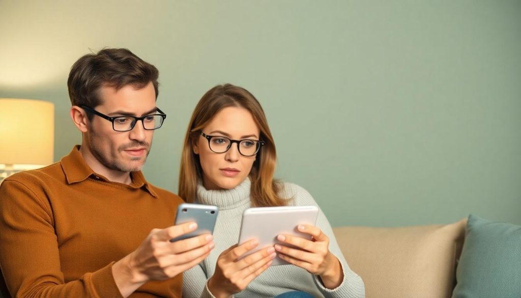 A couple checking their bank accounts to check if they've been scammed in a Handelsbanken UK fraud