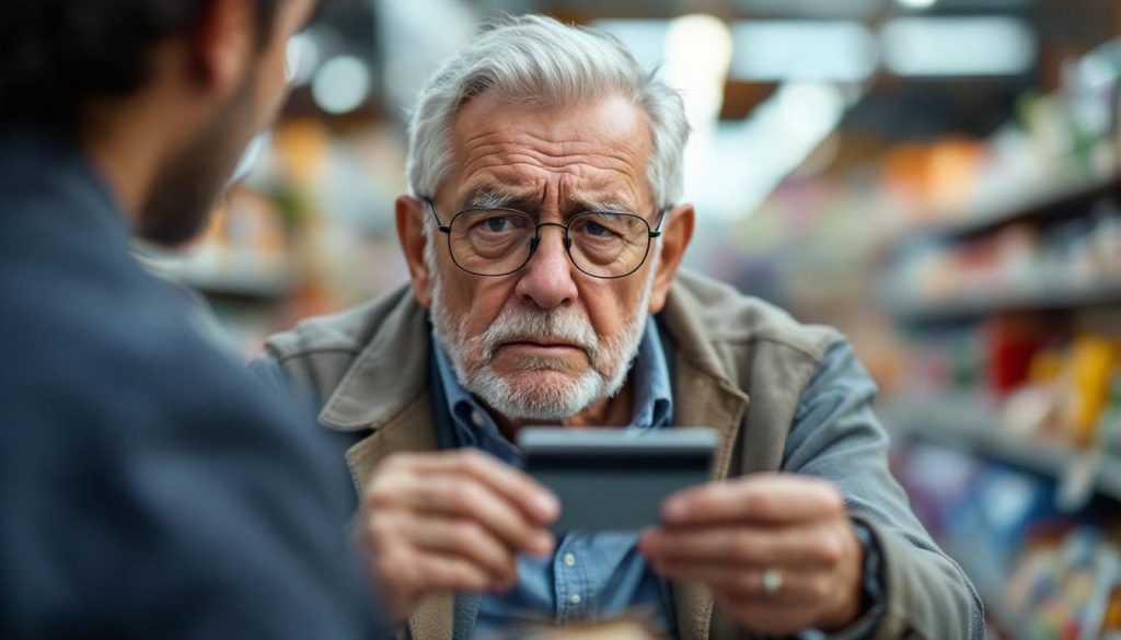 An upset man has his bank card rejected. He may be the victim of an M&S Bank fraud