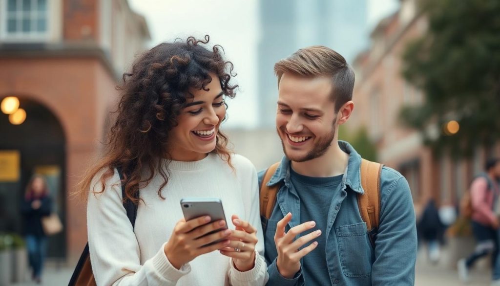 A young couple laughing at a message on a mobile phone. Are they Snapchat scam victims though?