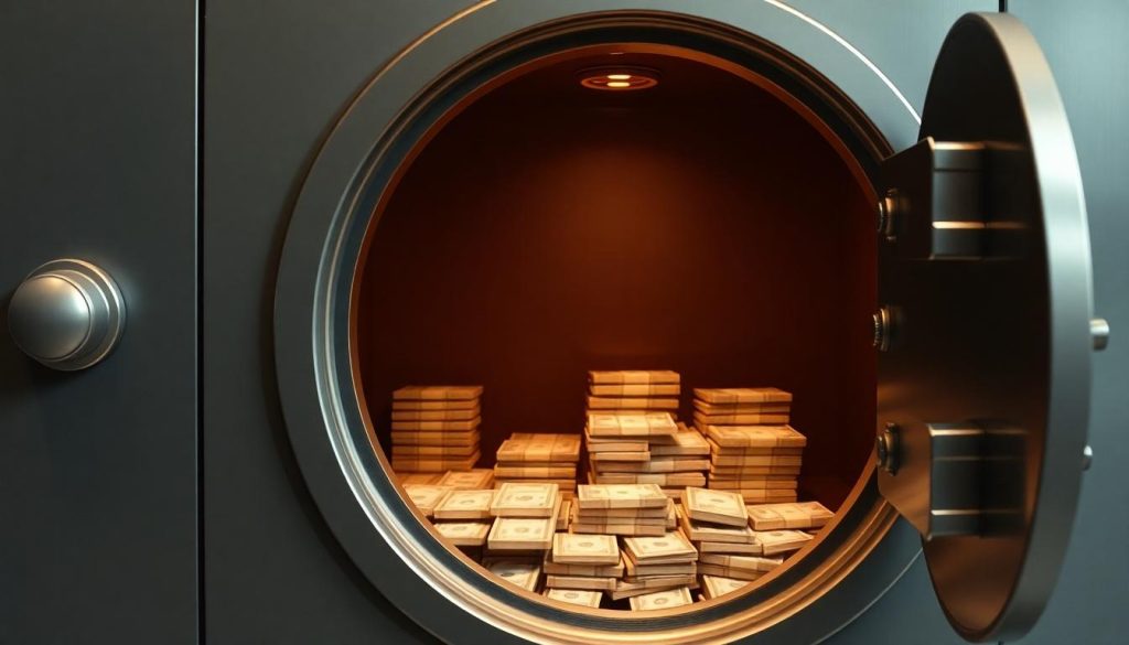 A picture of a bank safe full of money