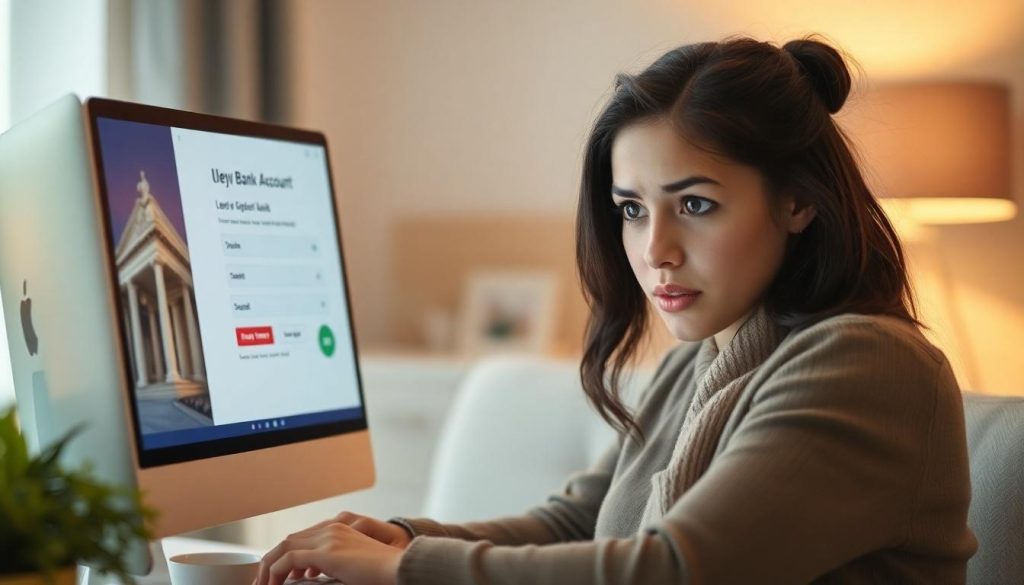 A woman looking concerned while she checks her bank account online.