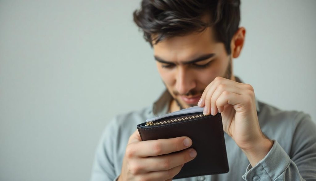 A man looking in an empty wallet
