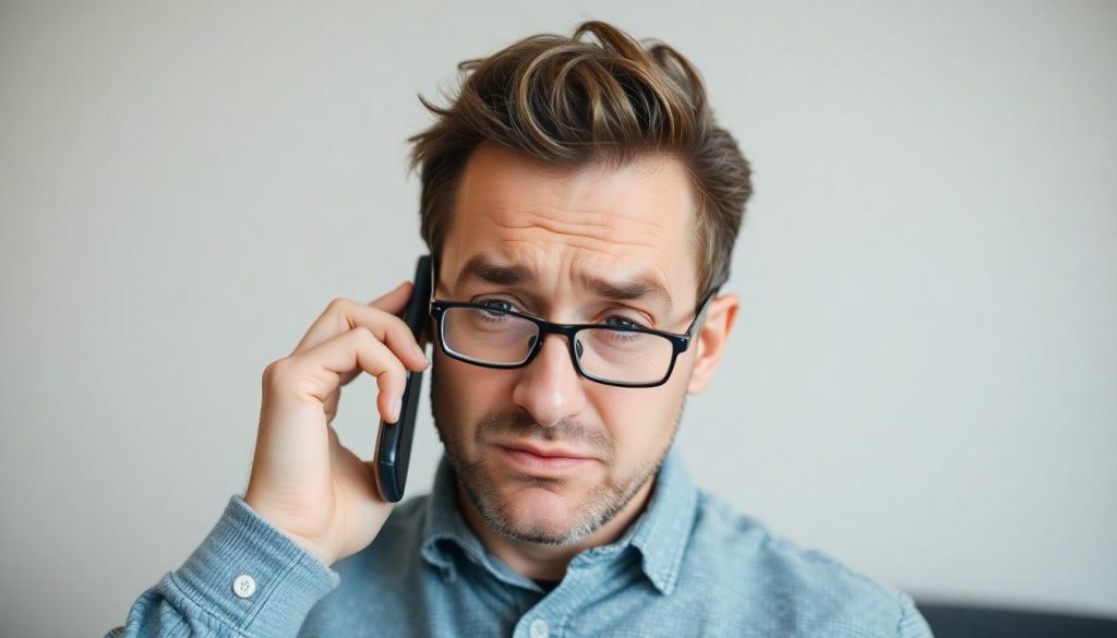 A worried looking man on the phone to his bank