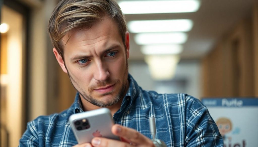 A man looking at his iPhone concerned that he's been a victim of an iMessage scam.