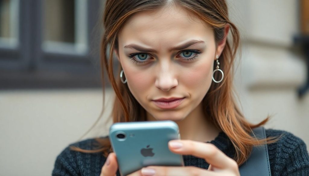 A woman who might be a victim of an Azimo scam looks worringly at her phone