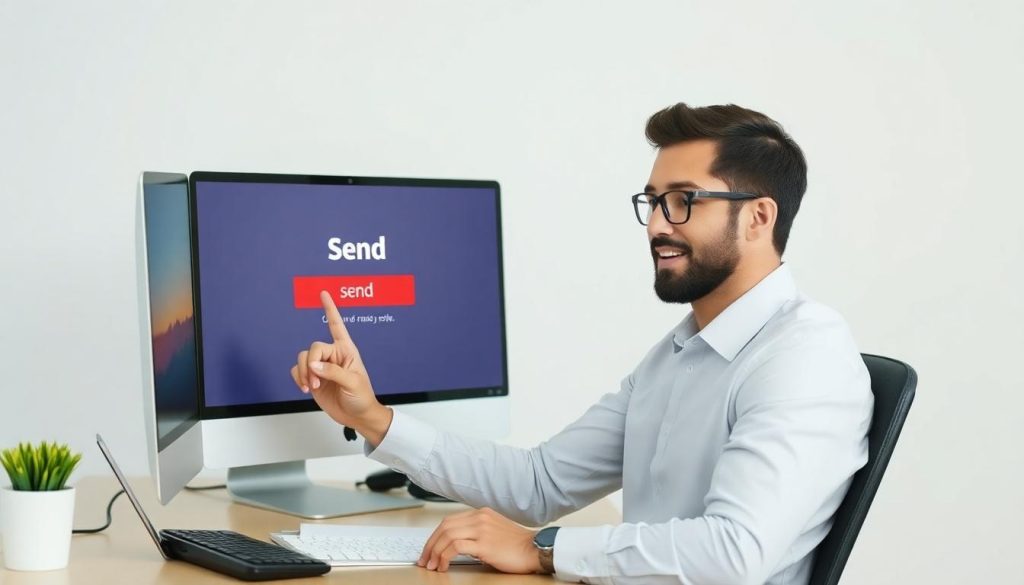 A picture of a man sat at his computer and ready to press the send button on a money transfer. However, is he about to be a Cash App scam victim?