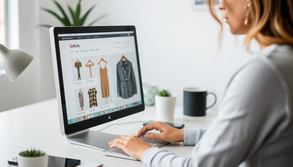 A woman browsing a clothes store on her PC but will she become a Mollie scam victim?