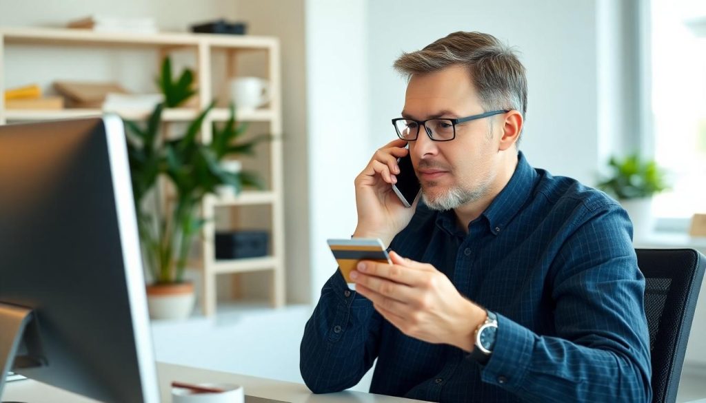 A man holding his credit card and looking at his computer screen. Is he about to fall victim to a Neteller scam?