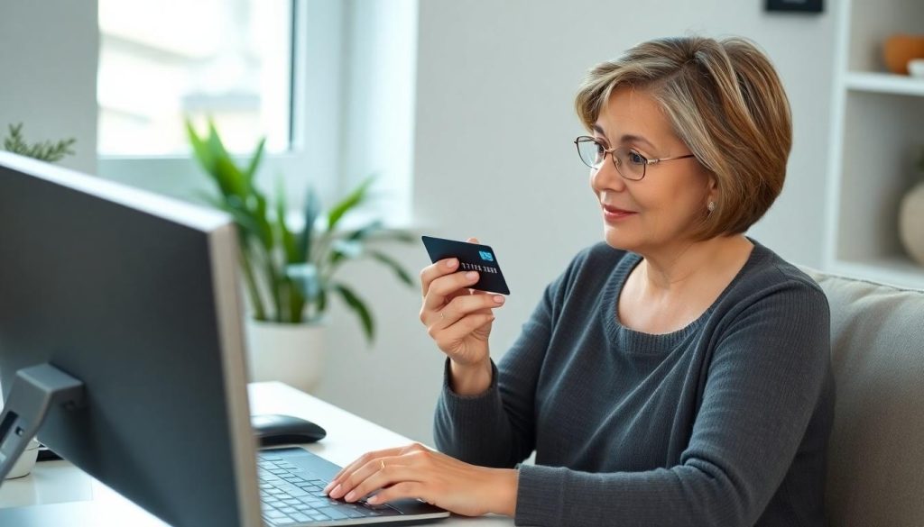 A woman holding her credit card while looking at her computer. Is she about to become victim to a Remitly scam?