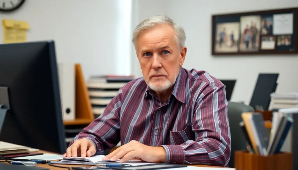 An elderly man looking worried while sat at his desk