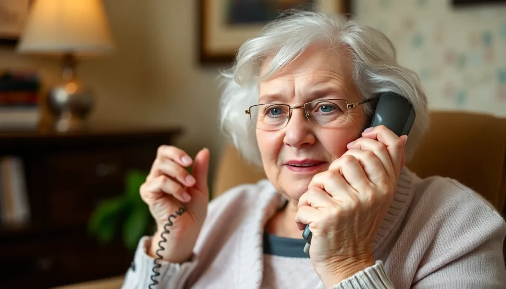 An elderly woman using a traditional landline telephone.