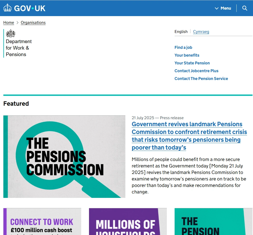 A screenshot of the DWP website
