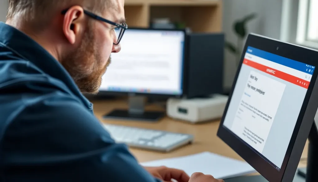 A picture of a man reading a message on his computer monitor