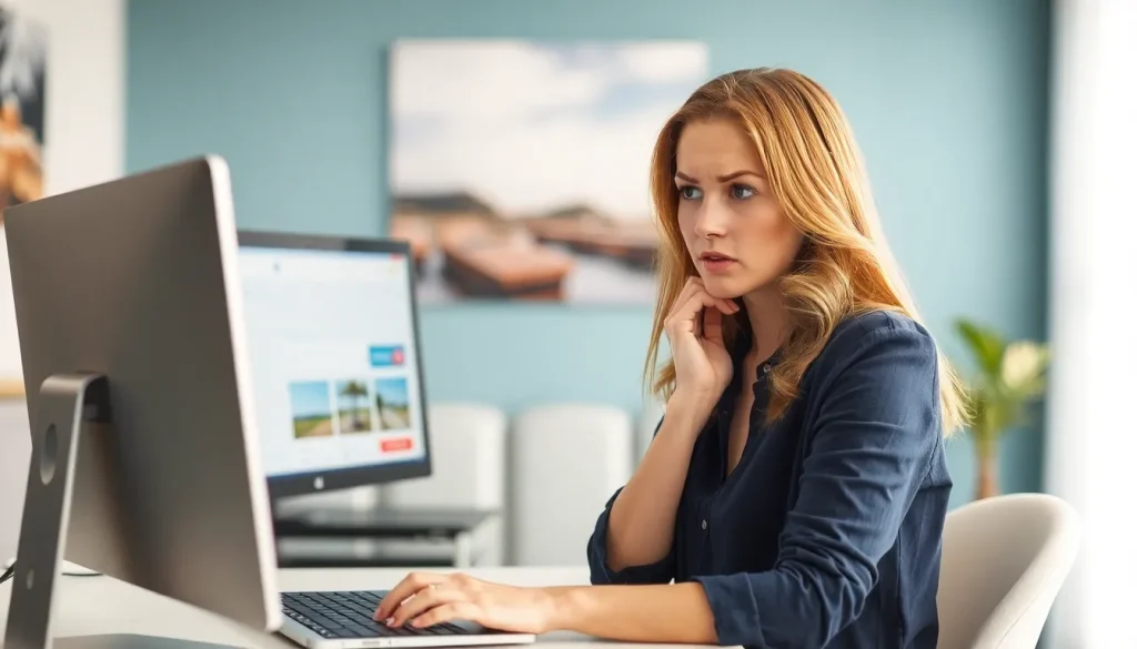 A young lady looking worried while browsing on her computer.