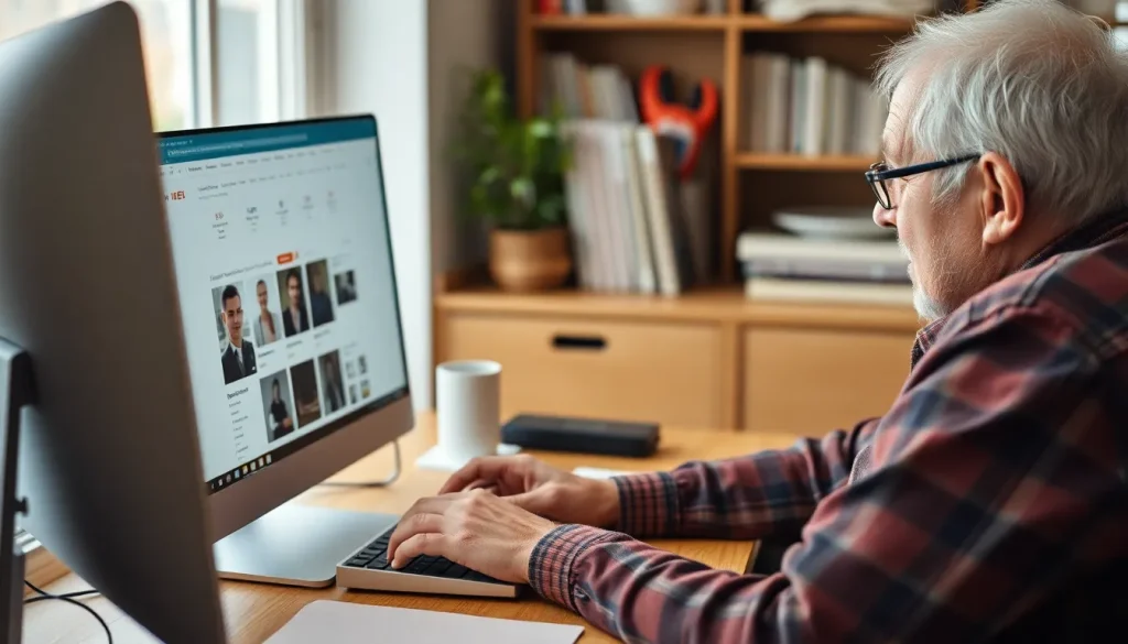 A picture of an elderly man trying to win an auction for a new suite online