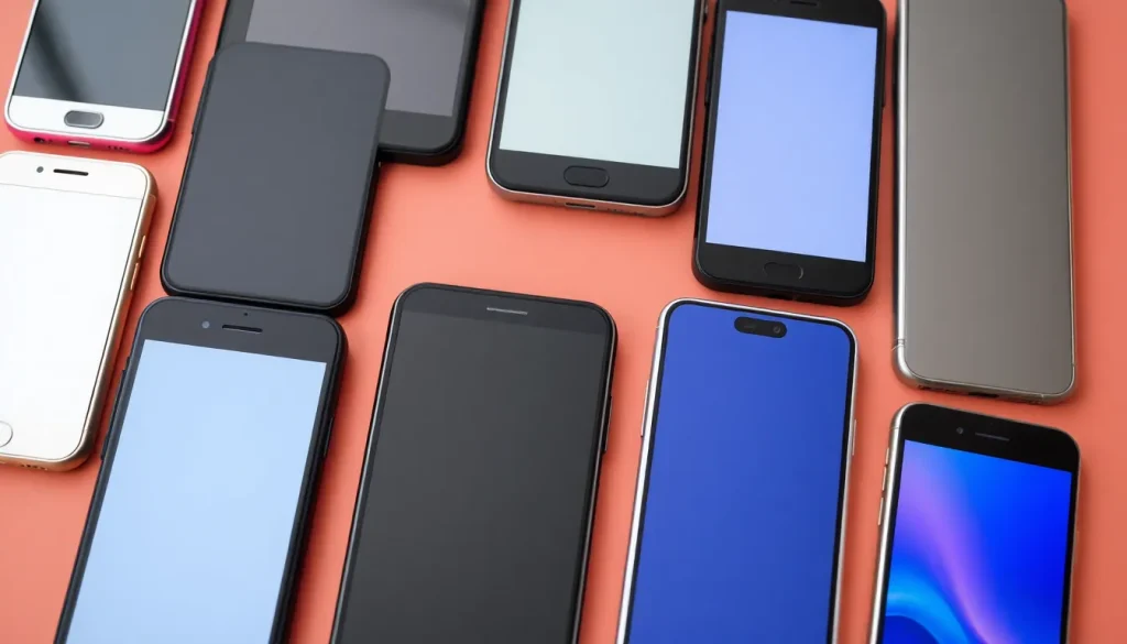 A picture of various different mobile phones laid on a table