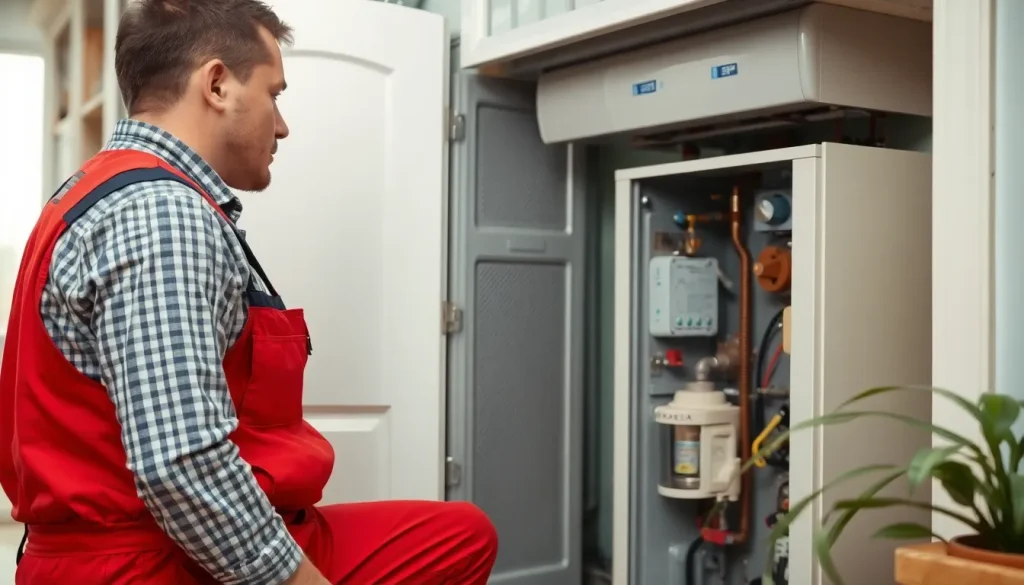 a photo of a gas engineer inspecting a boiler