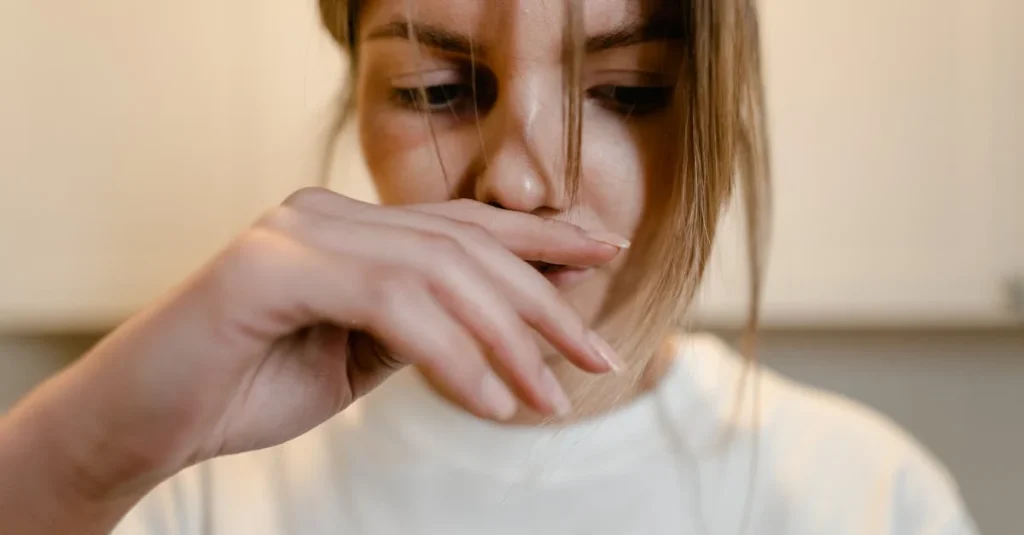 A picture of a woman looking distressed