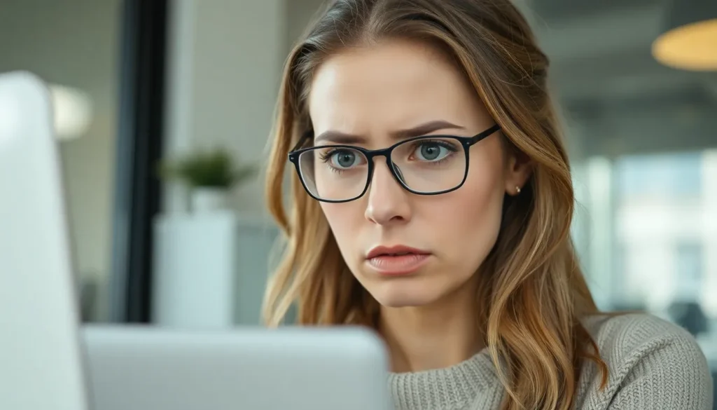 A woman looking worried about something on her computer screen.