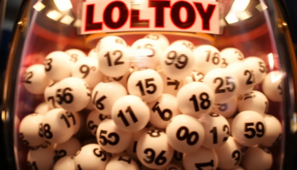 a photo of lottery balls inside a lottery machine.