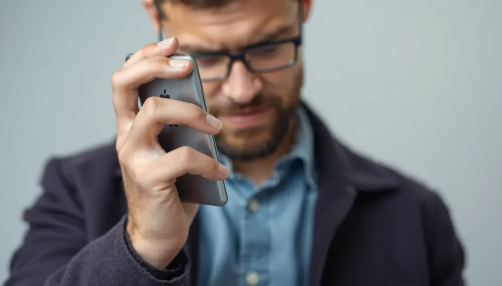 A man looking at a suspicious text message on his mobile phone.