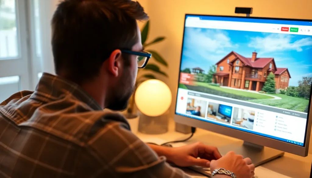 A picture of a man browsing rental property listings on his computer.
