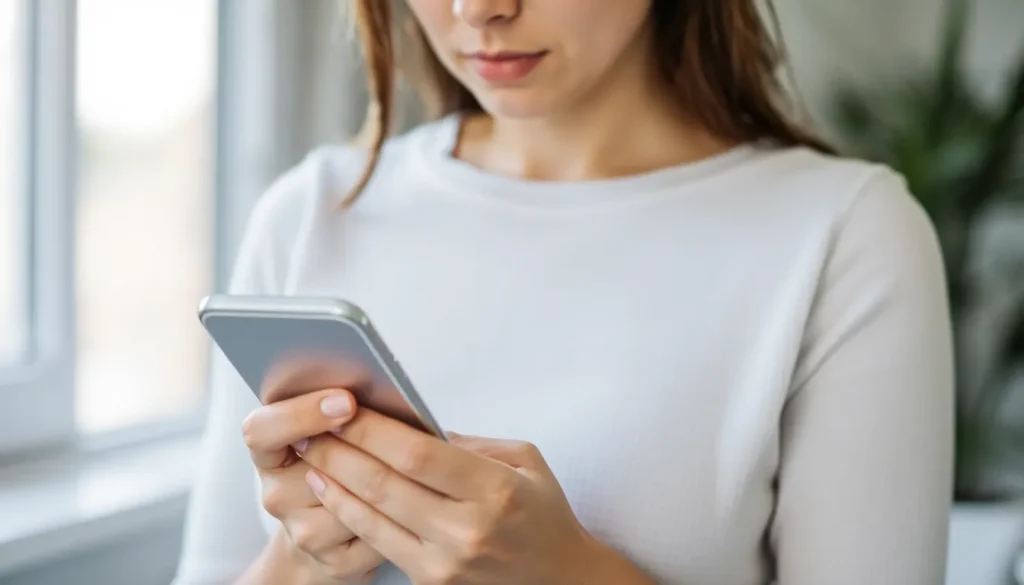 A woman looking worried while reading a text message on her phone
