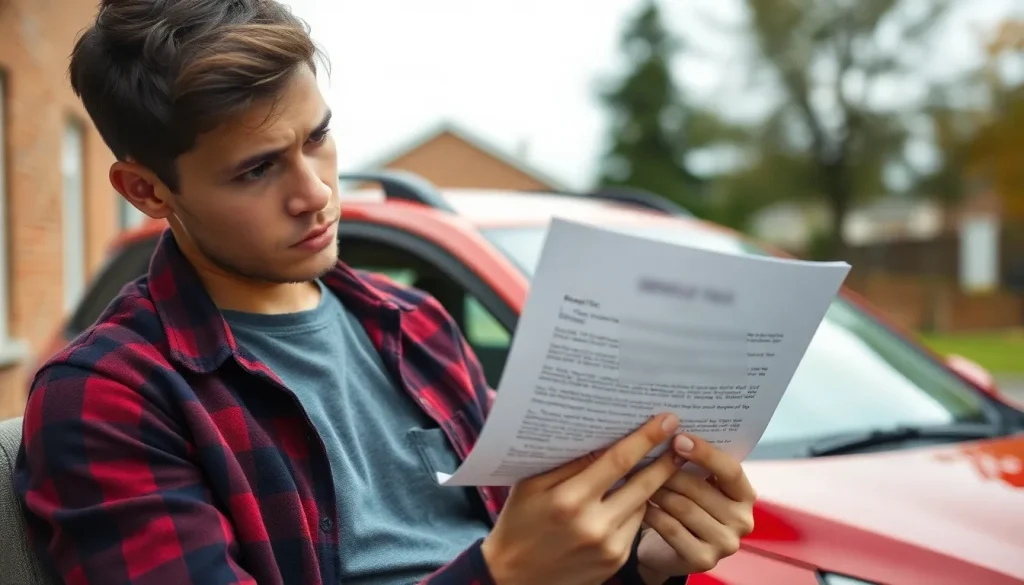 A picture of a young driver reading a letter about his vehicle tax