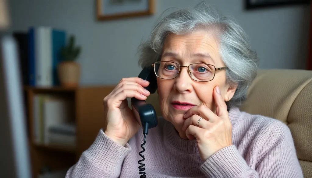 A photograph of an elderly woman looking concerned while on the phone.