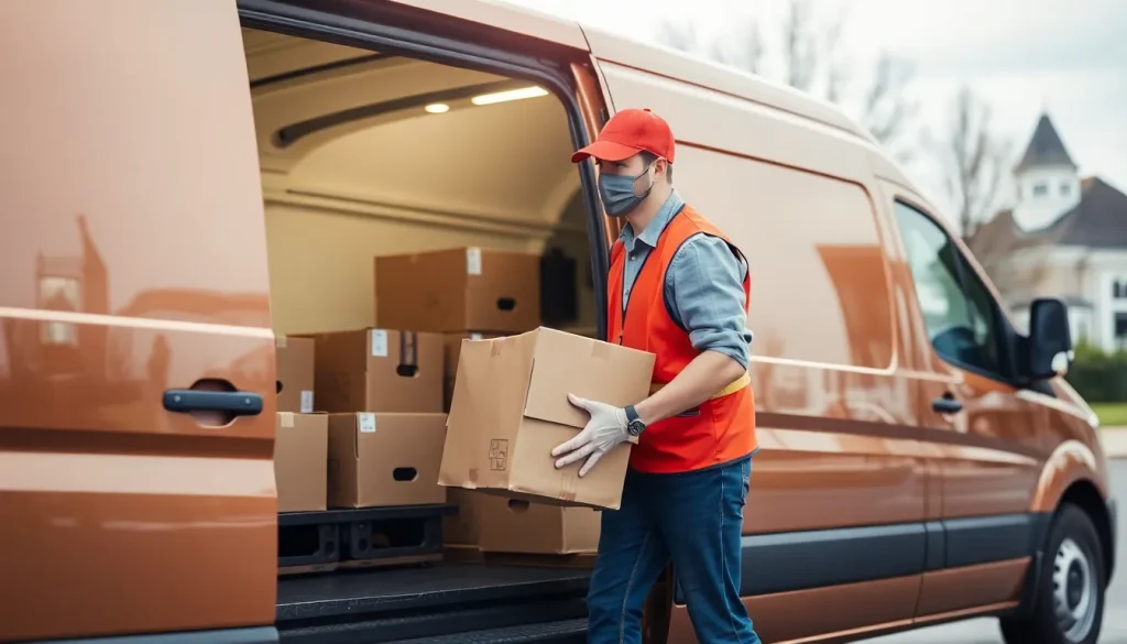 A picture of a courier in a high-viz jacket moving parcels