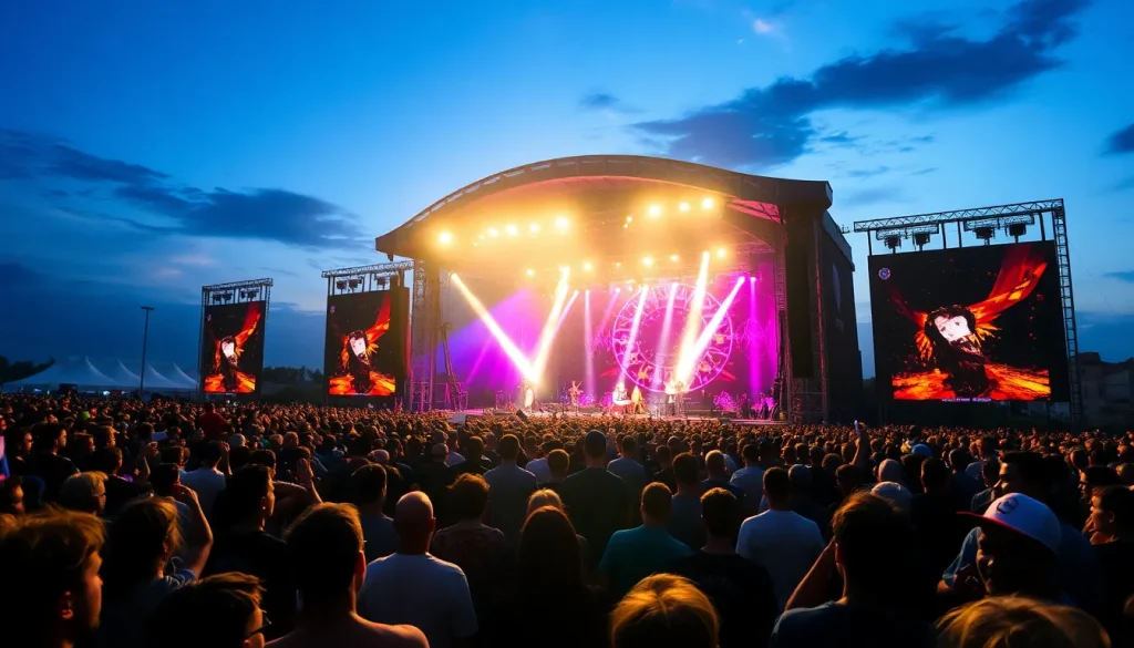 A huge crowd in front of a stage watching a band at a music festival