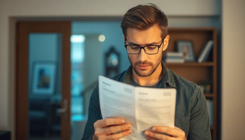 A picture of a man looking worringly at his bank statement