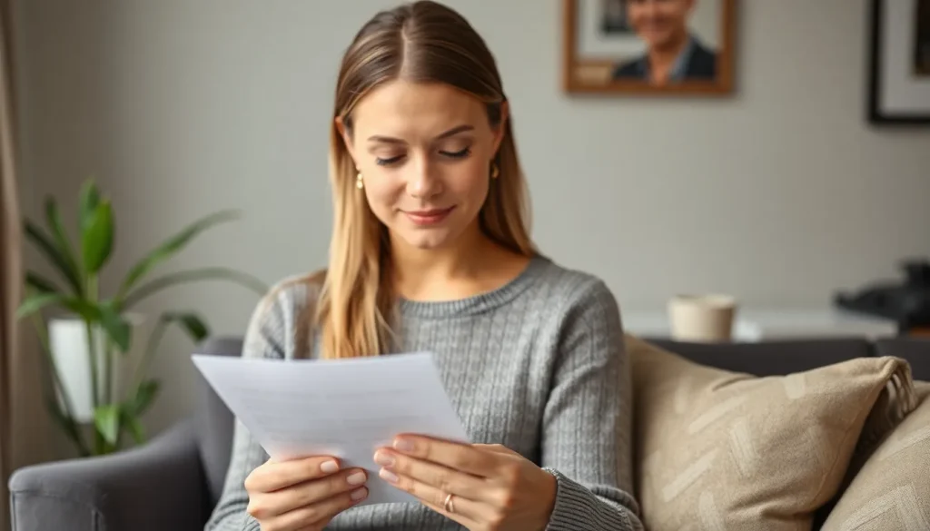 A woman looking confused while reading a letter from her bank.
