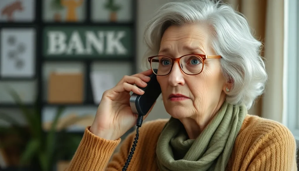 An elderly lady on the phone to her bank looking concerned.