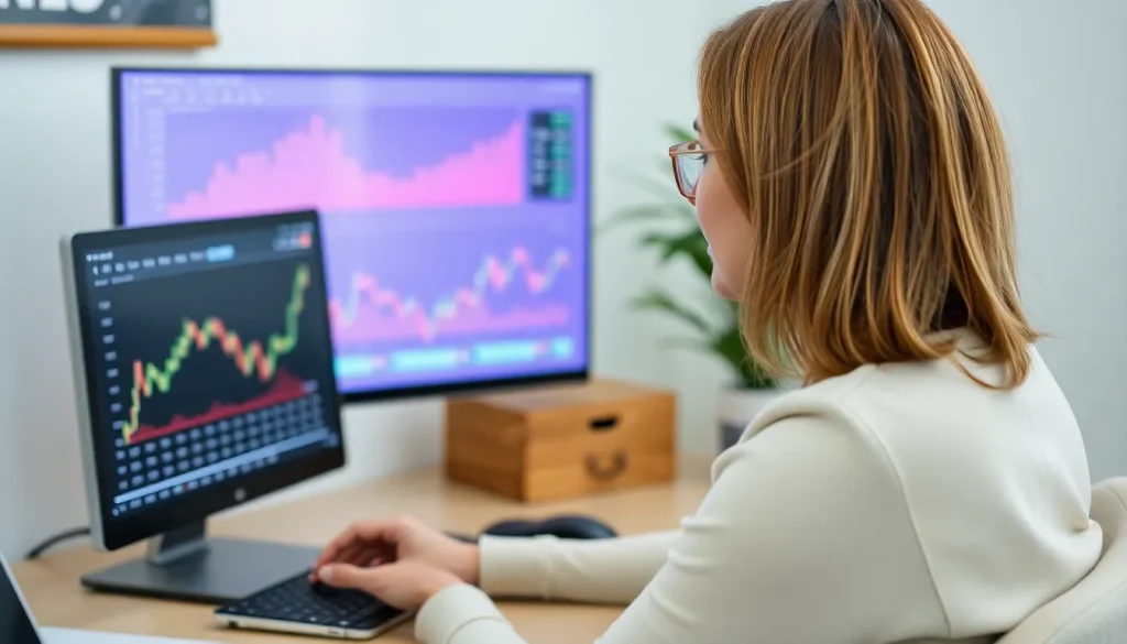 A picture of a woman looking at her share prices online.
