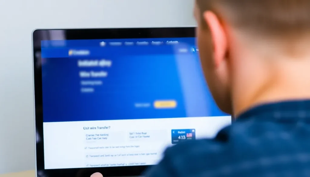A man looking at the wire transfer page on his bank's website.