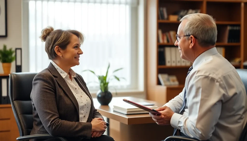 A man and a woman sat at a desk in an office.